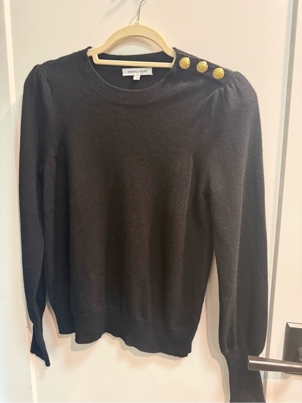 Veronica Beard Black Crewneck Sweater with Gold Shoulder Buttons